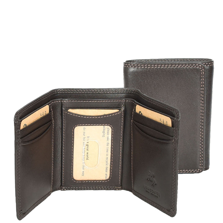 Mens Leather Tri-fold RFID Slim Wallet Banknotes Credit Cards ID Card Holder HOL181 Brown