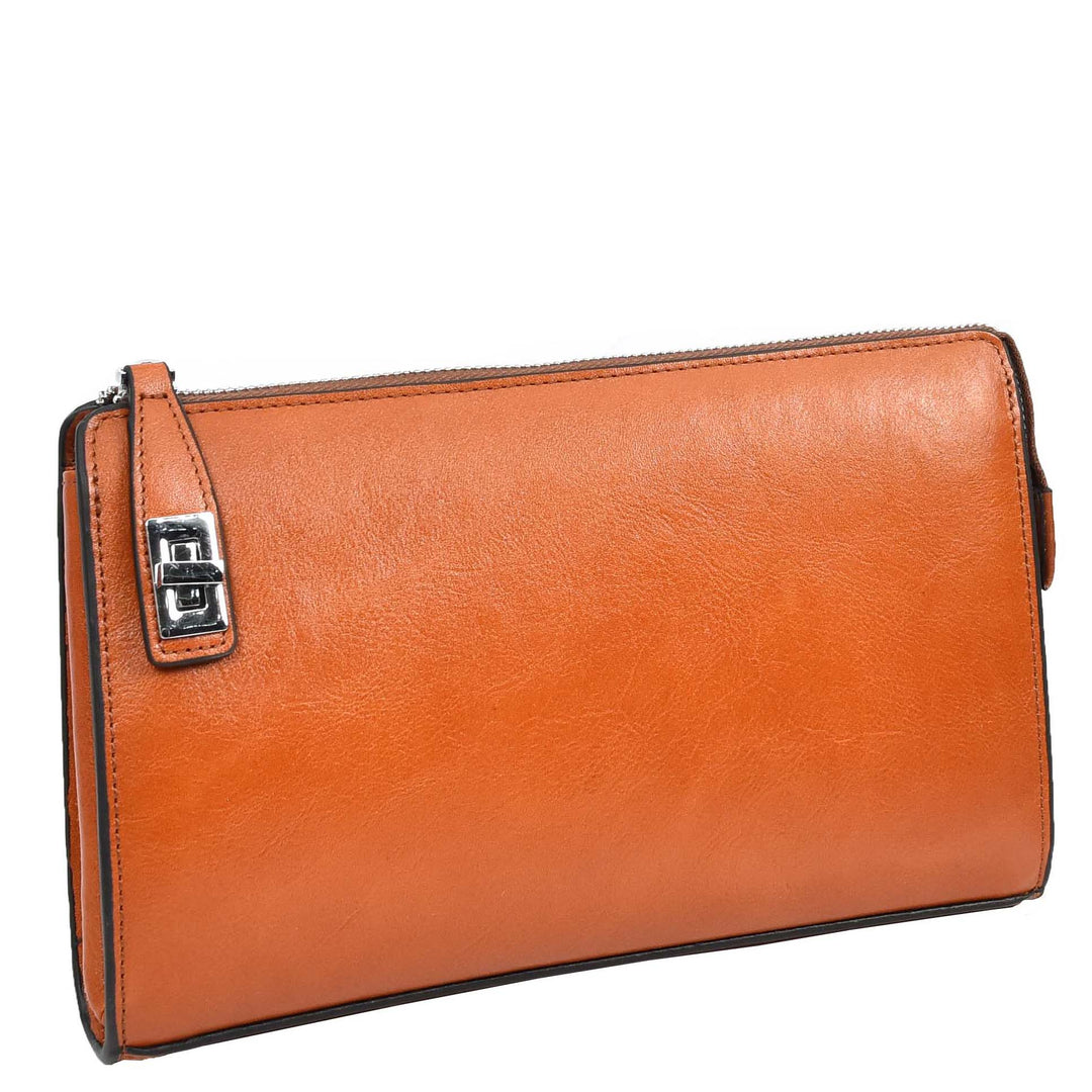 Mens Real Leather Wrist Bag Large Size Clutch Organiser Style Goma Tan-3