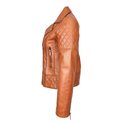 Women's Real Leather Jacket Multi Cross Zip Biker Style Fitted Quilted Nixi Tan-3