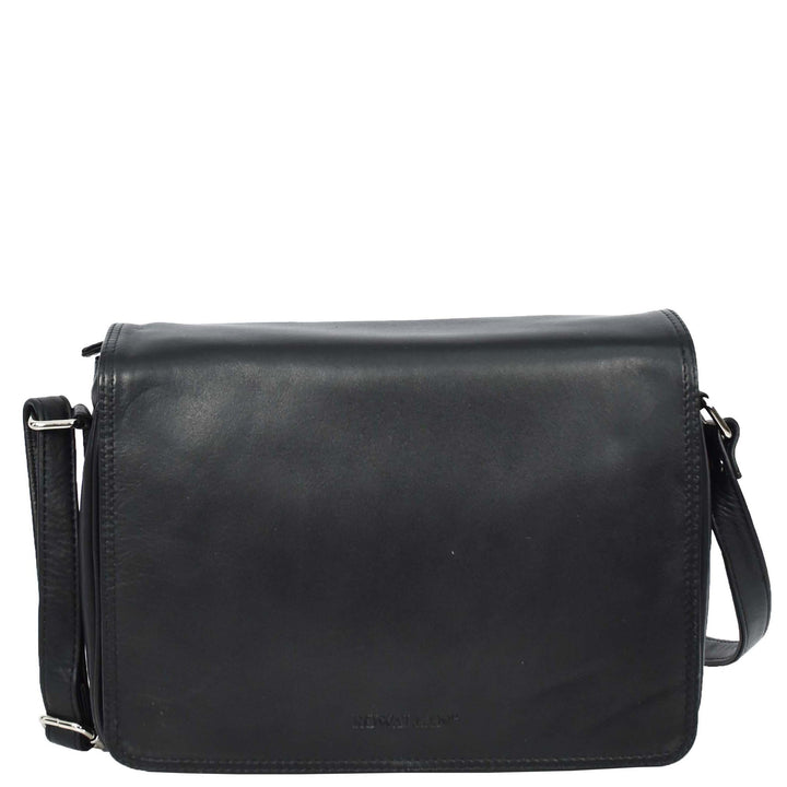 Womens Real Leather Crossbody Bag Flap over Shoulder Organiser Handbag HOL896 Black-3