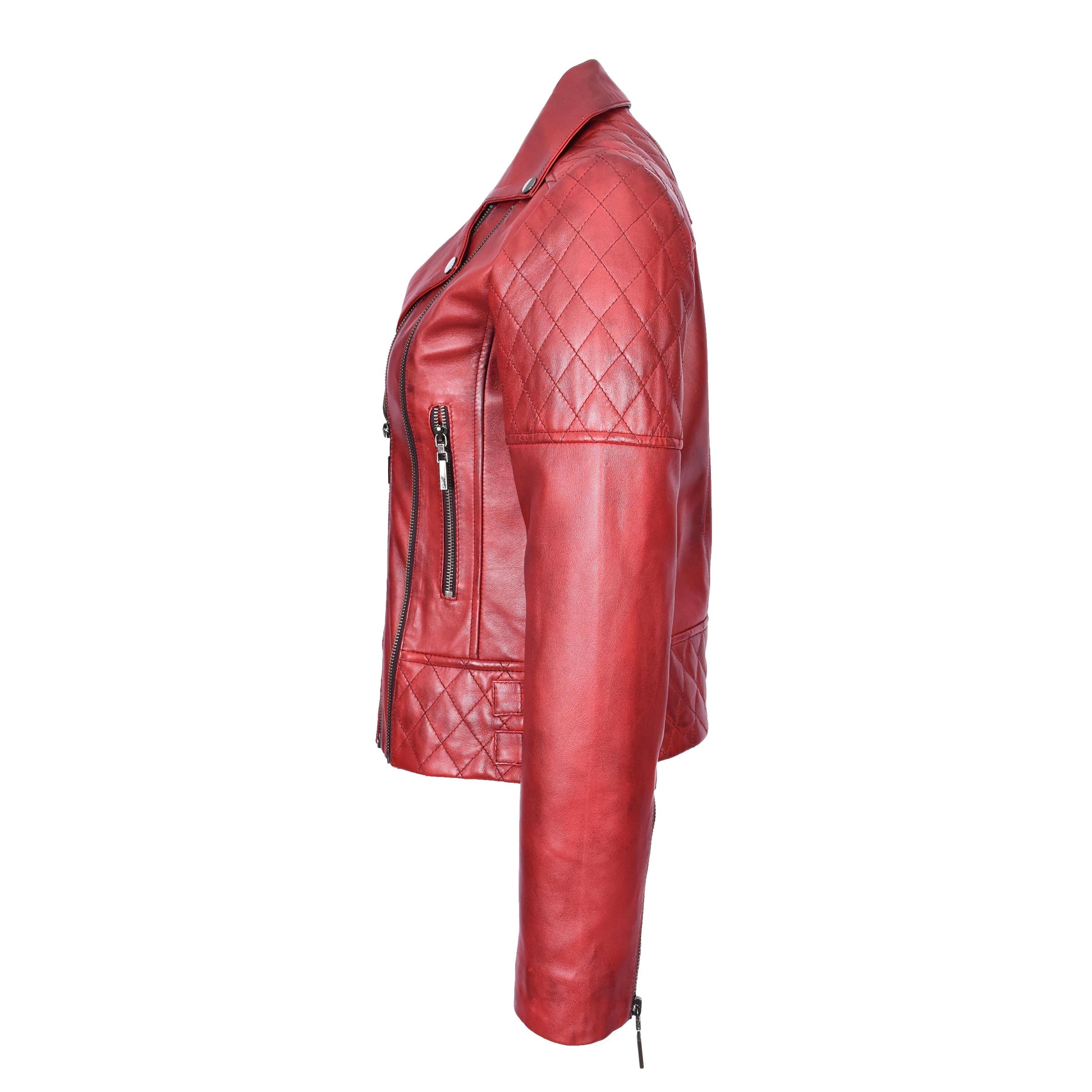 Women's Real Leather Jacket Multi Cross Zip Biker Style Fitted Quilted Nixi Burnish Red-3