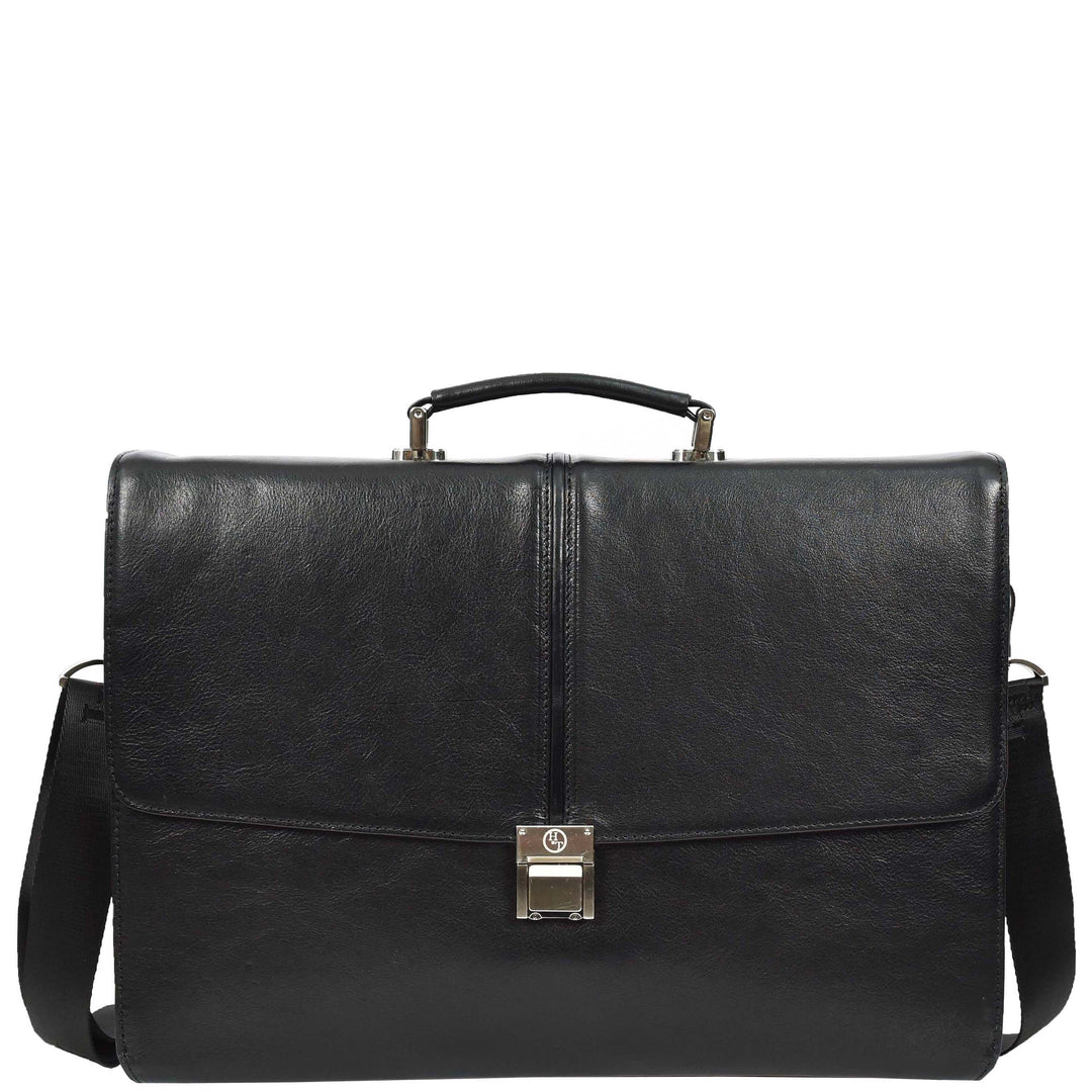 Mens Genuine Leather Briefcase Large Size Organiser Messenger Bag Erbil Black-3