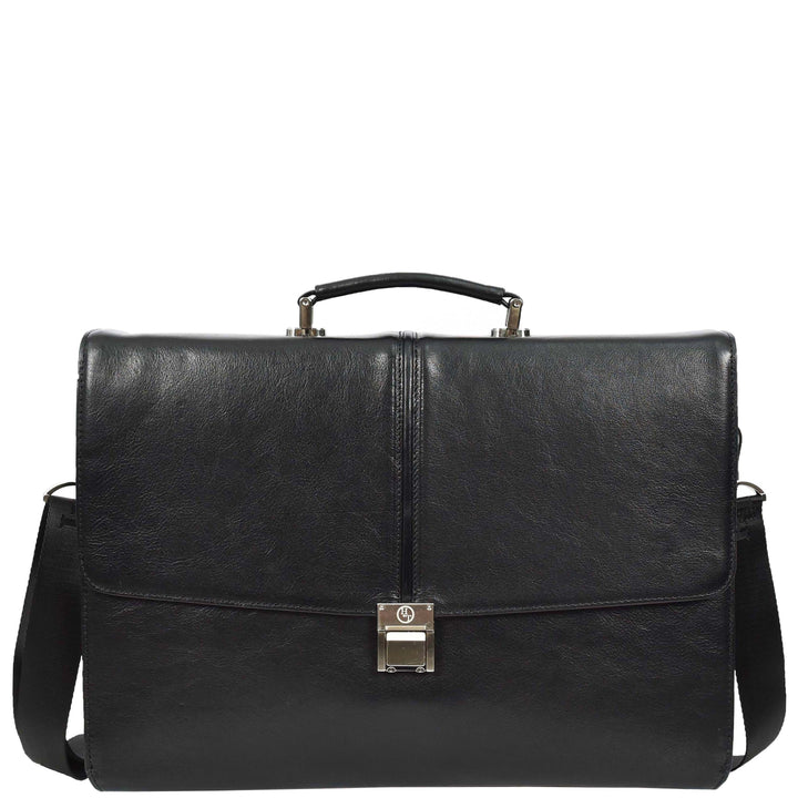 Mens Genuine Leather Briefcase Large Size Organiser Messenger Bag Erbil Black-3