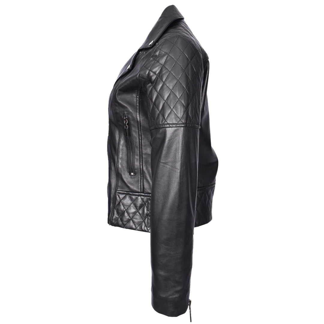 Women's Real Leather Jacket Multi Cross Zip Biker Style Fitted Quilted Nixi Black-3