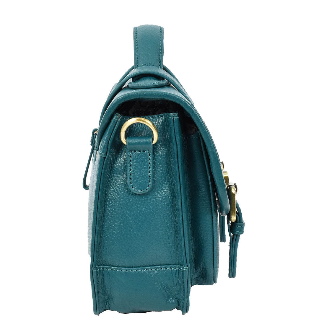 Vintage Style Womens Satchel Handbag Real Leather Crossbody Purse with Buckles Roxy Green