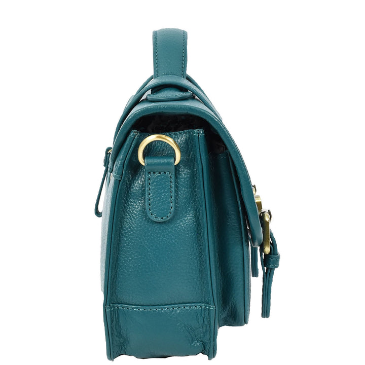 Vintage Style Womens Satchel Handbag Real Leather Crossbody Purse with Buckles Roxy Green