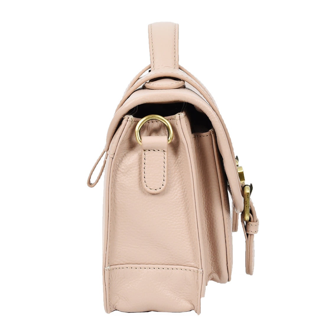 Vintage Style Womens Satchel Handbag Real Leather Crossbody Purse with Buckles Roxy Beige