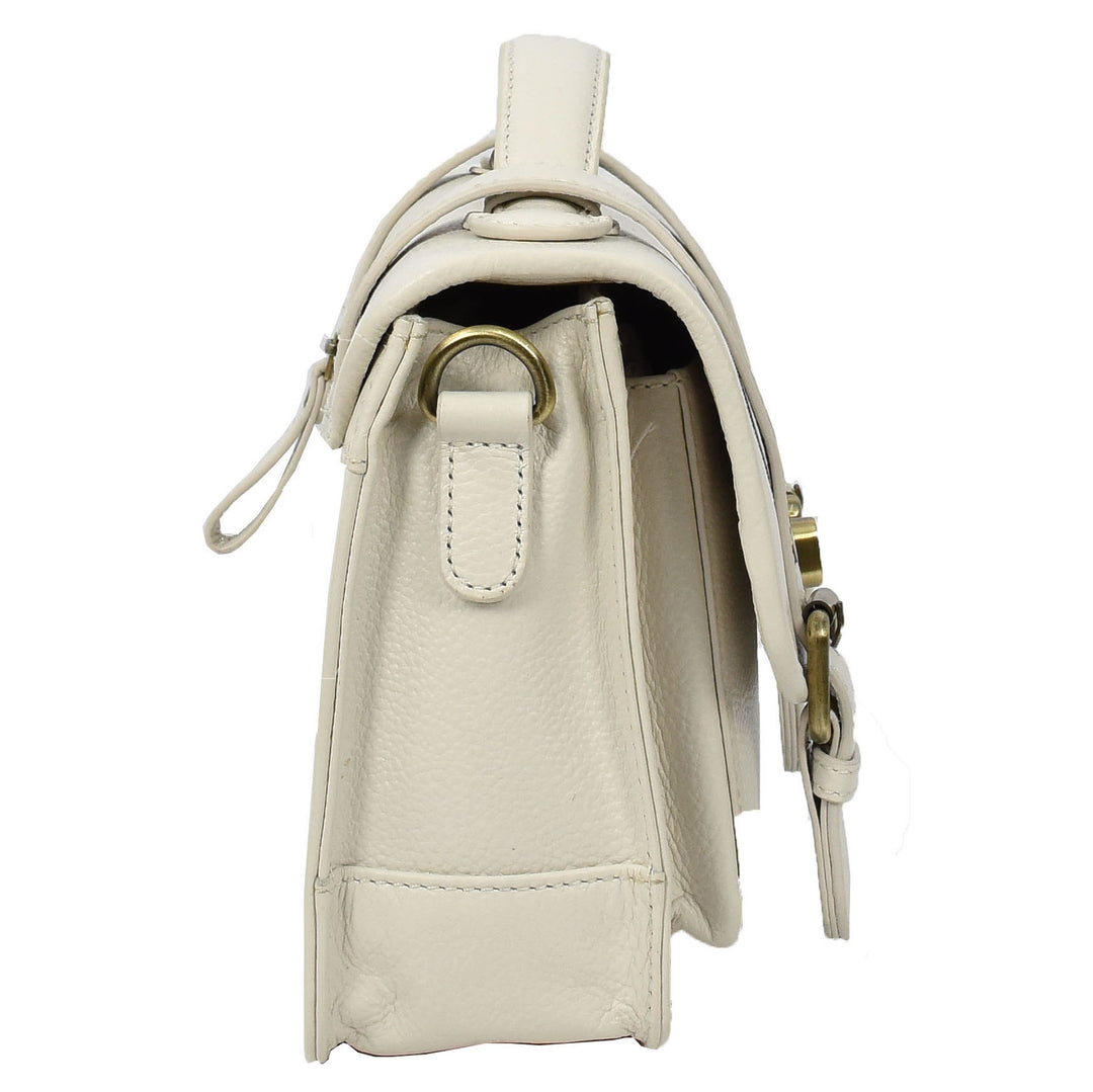 Vintage Style Womens Satchel Handbag Real Leather Crossbody Purse with Buckles Roxy White