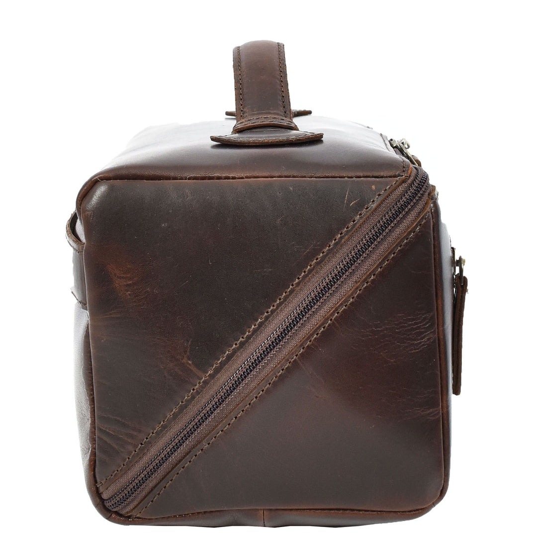 Mens Real Leather Toiletries Wash Shaving Bag Travel Pouch Tripper Brown