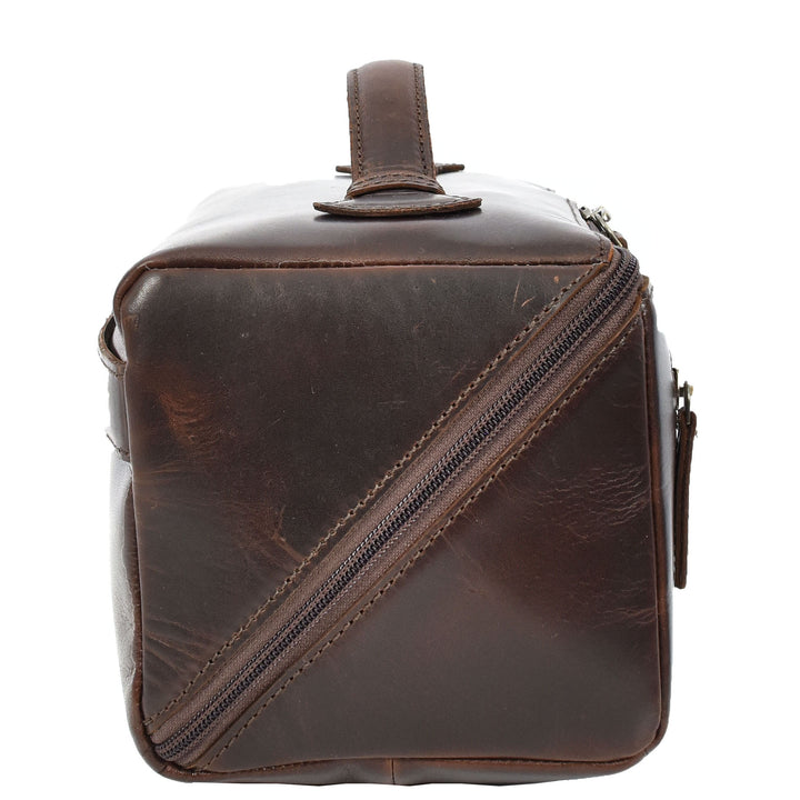 Mens Real Leather Toiletries Wash Shaving Bag Travel Pouch Tripper Brown