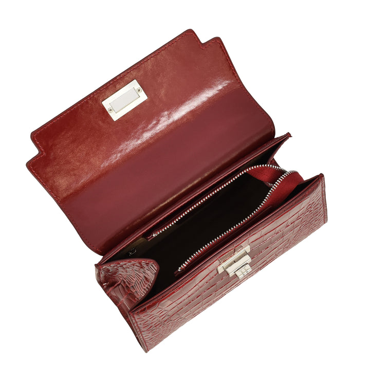 Women's Leather Structured Top Handle Handbag with Shoulder Strap HOL8617 Red