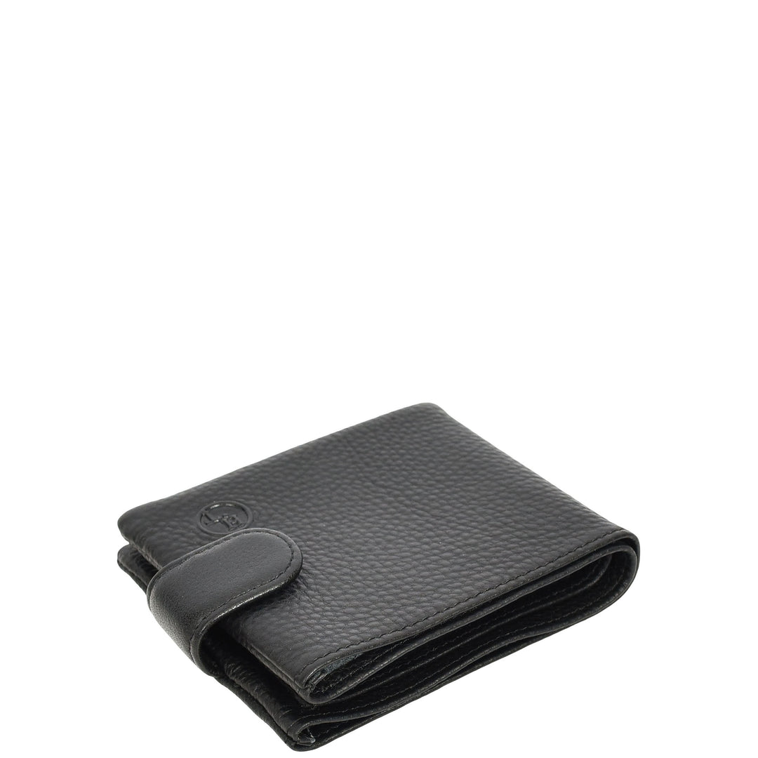 Mens Real Leather Bifold Wallet Button Snap Closure Soren Black