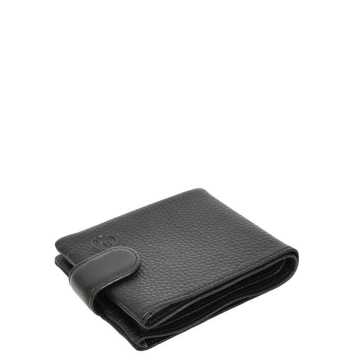 Mens Real Leather Bifold Wallet Button Snap Closure Soren Black