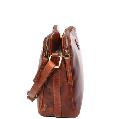 Womens Leather Cross Body Bag Double Zipper SICYON Cognac 3