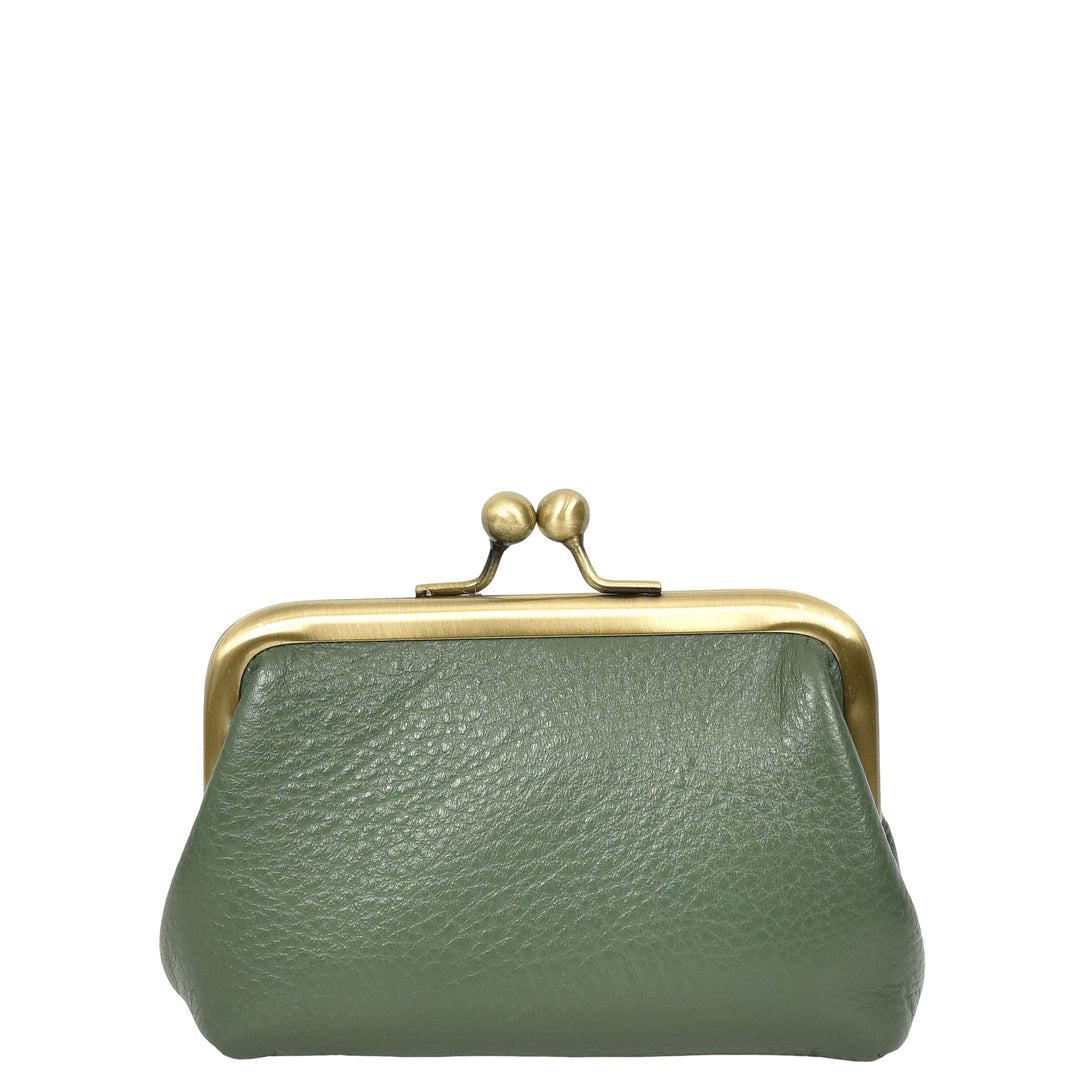 Womens Real Leather Small Coin Purse with Kiss Lock Closure HOL2205 Green
