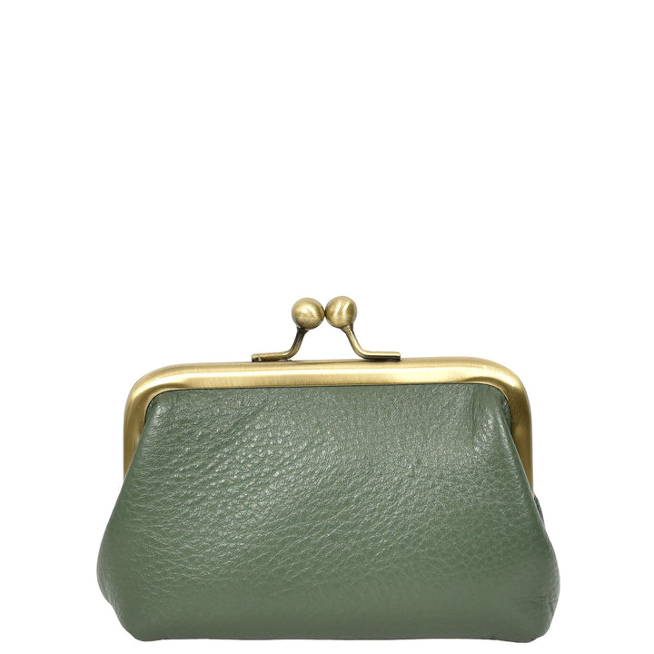 Womens Real Leather Small Coin Purse with Kiss Lock Closure HOL2205 Green