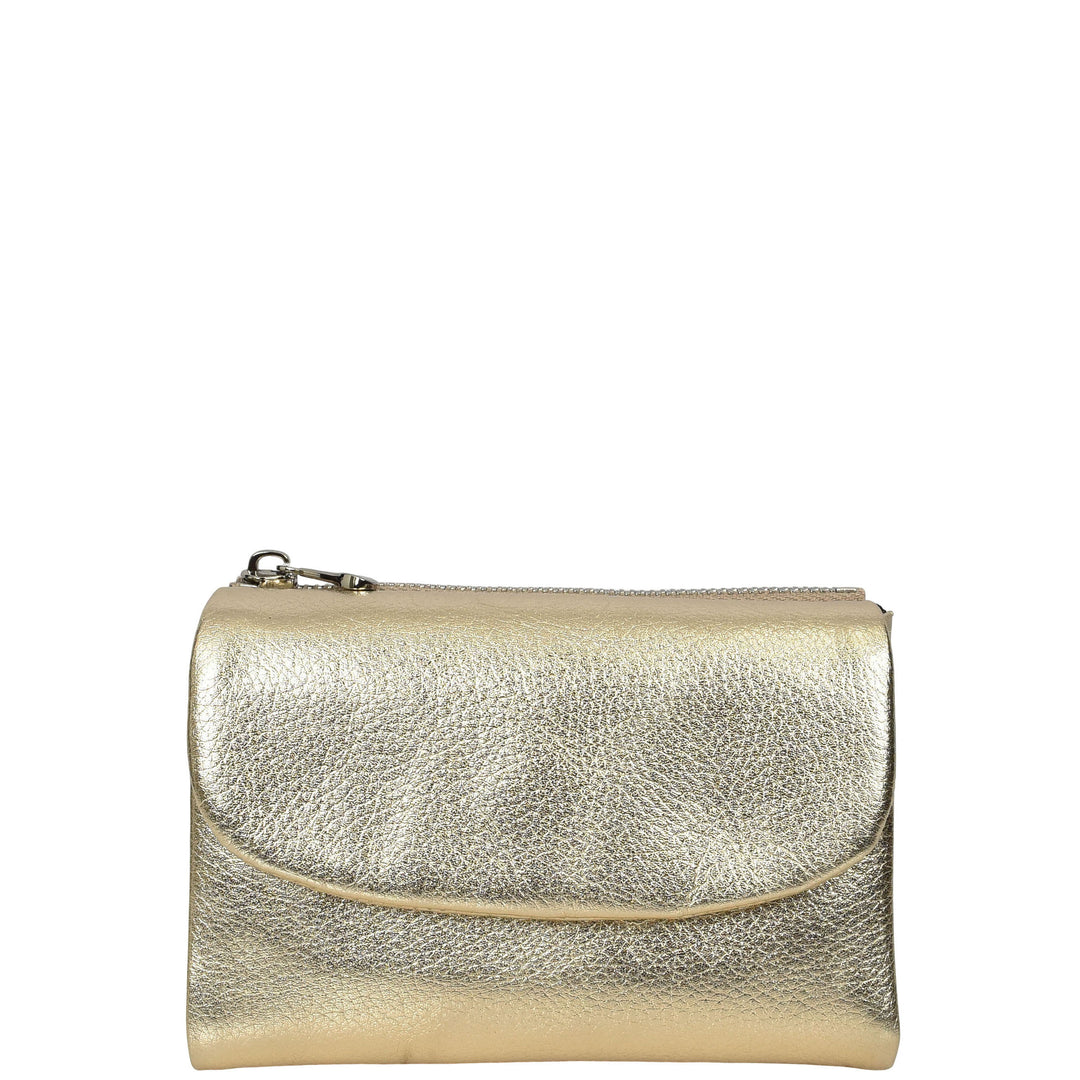 Womens Real Leather Bi-fold Purse Compact Wallet HOL3033 Gold