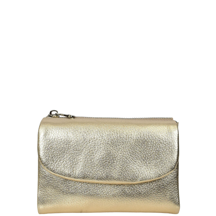 Womens Real Leather Bi-fold Purse Compact Wallet HOL3033 Gold
