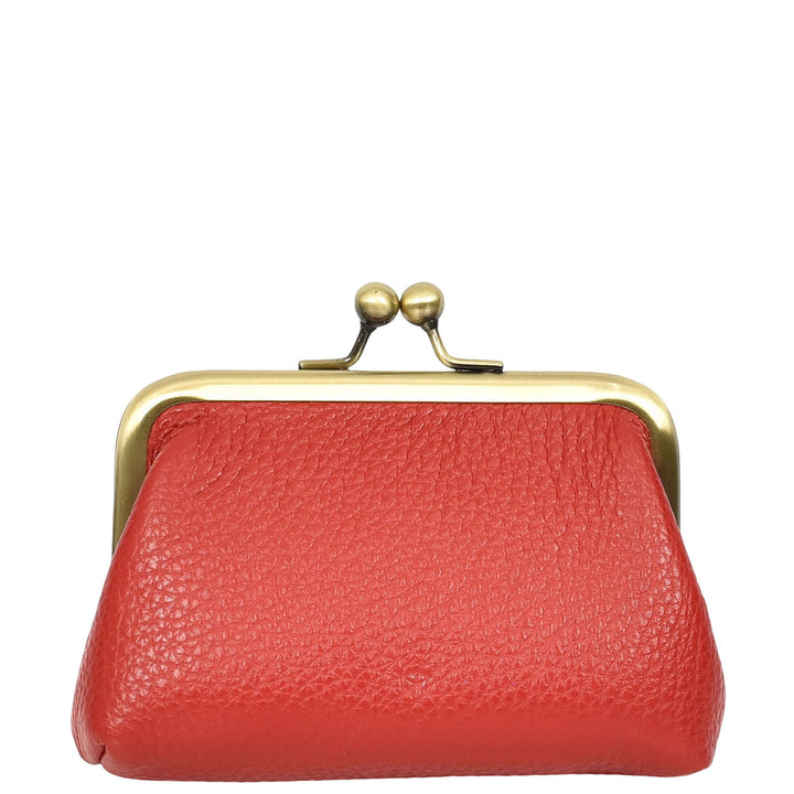 Womens Real Leather Small Coin Purse with Kiss Lock Closure HOL2205 Red