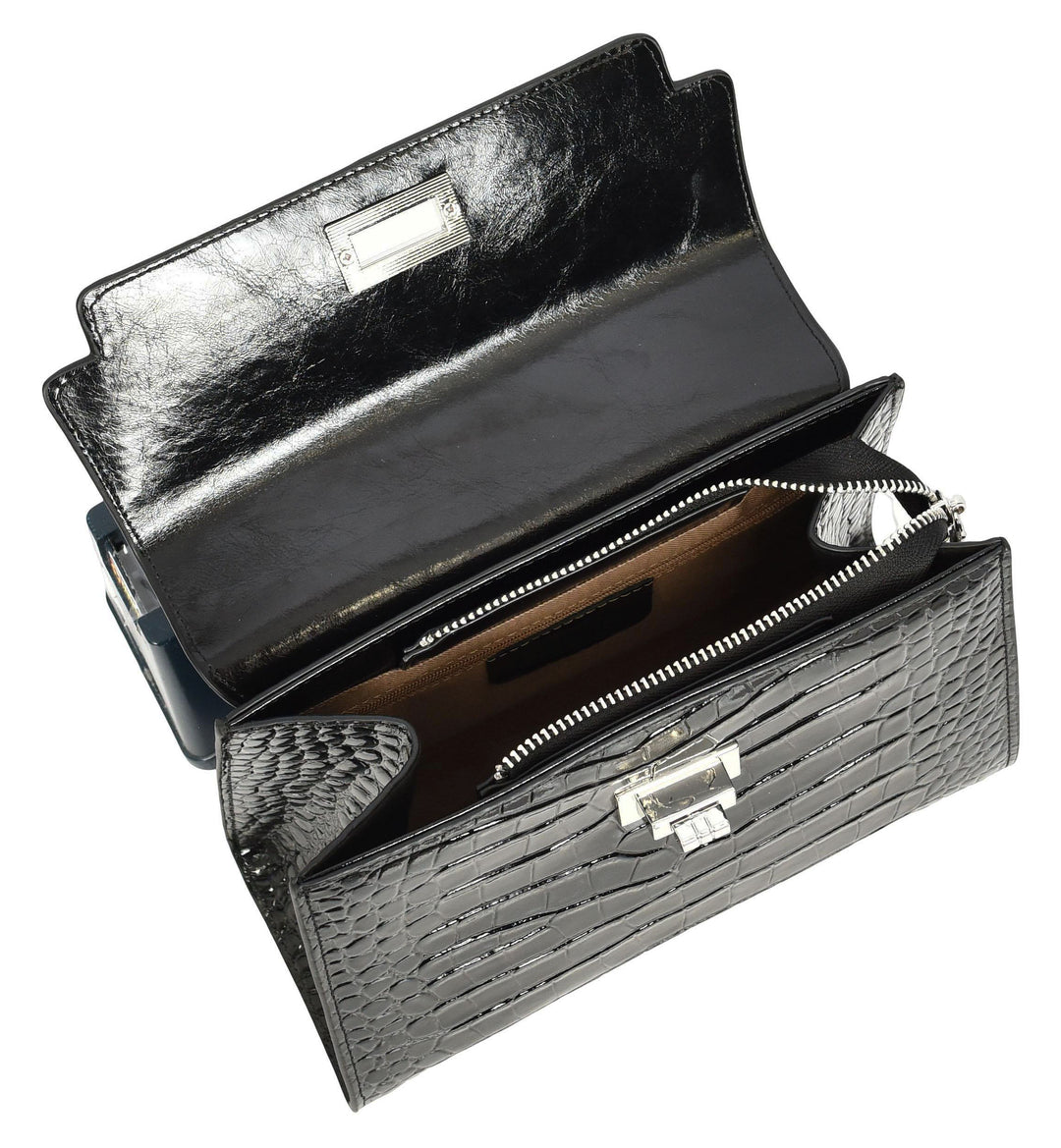 Women's Leather Structured Top Handle Handbag with Shoulder Strap HOL8617 Black