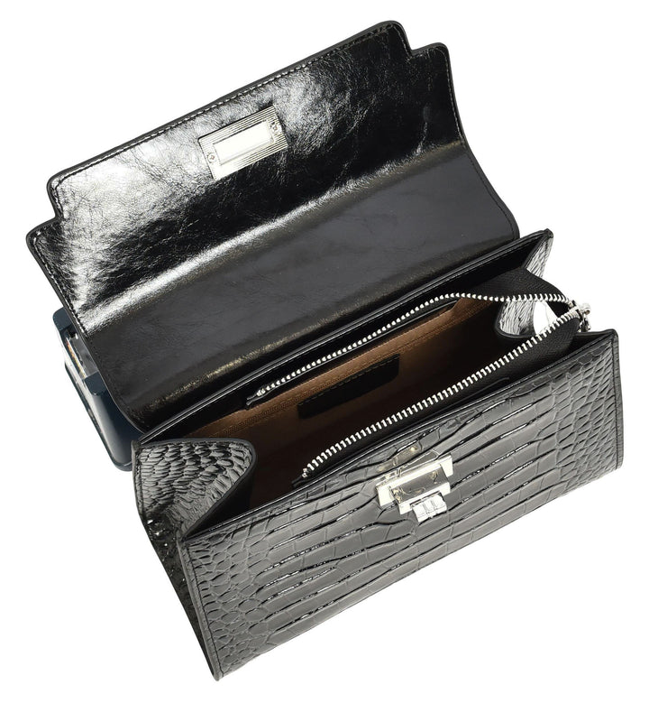 Women's Leather Structured Top Handle Handbag with Shoulder Strap HOL8617 Black