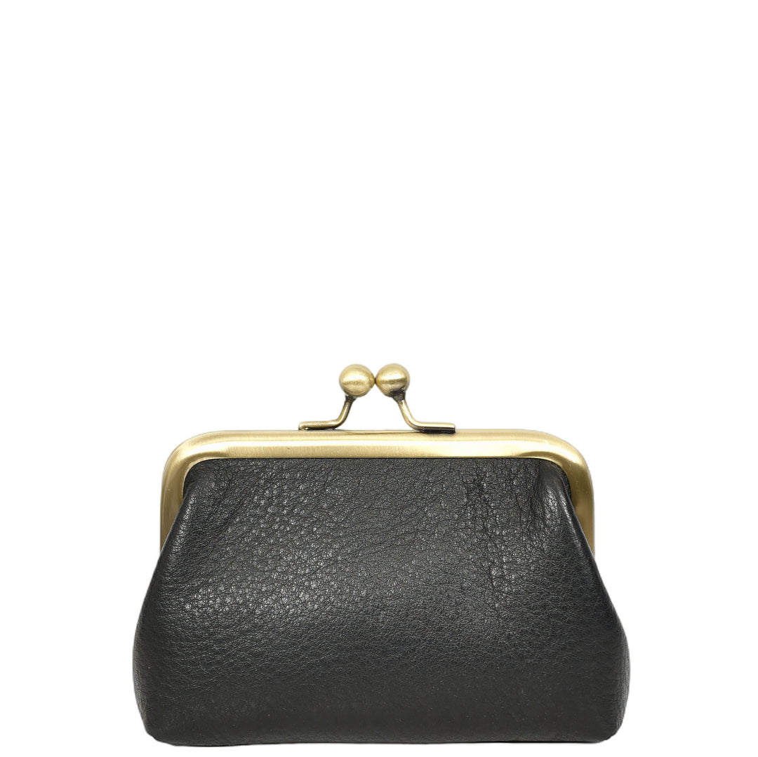 Womens Real Leather Small Coin Purse with Kiss Lock Closure HOL2205 Black