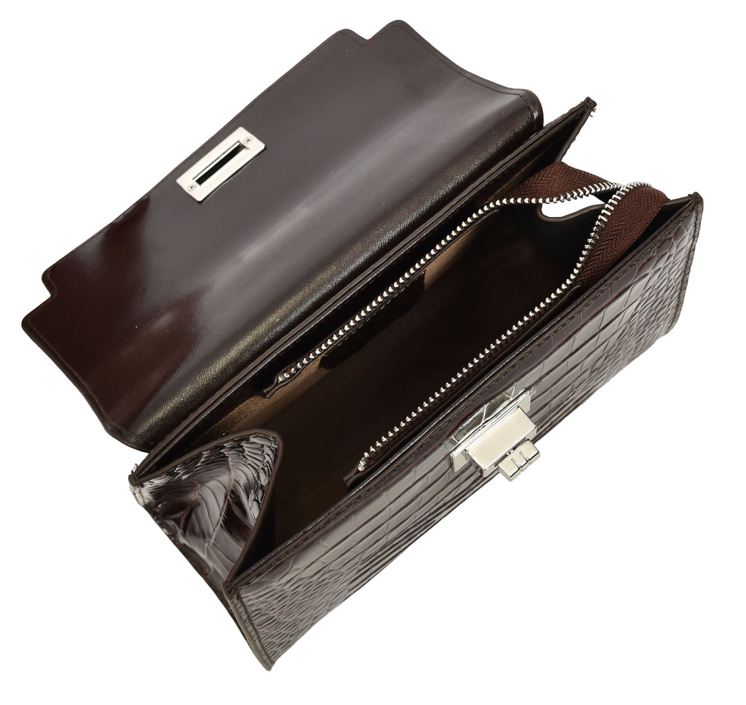 Women's Leather Structured Top Handle Handbag with Shoulder Strap HOL8617 Coffee
