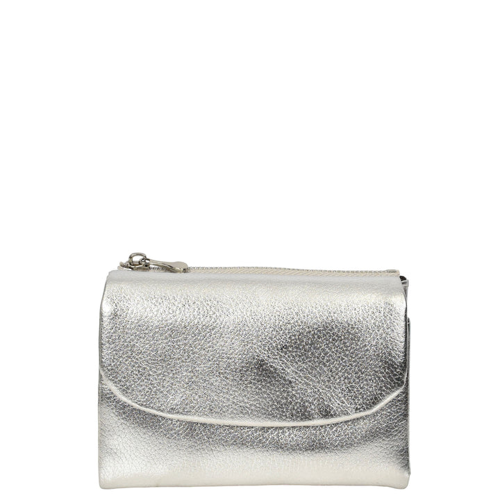 Womens Real Leather Bi-fold Purse Compact Wallet HOL3033 Silver