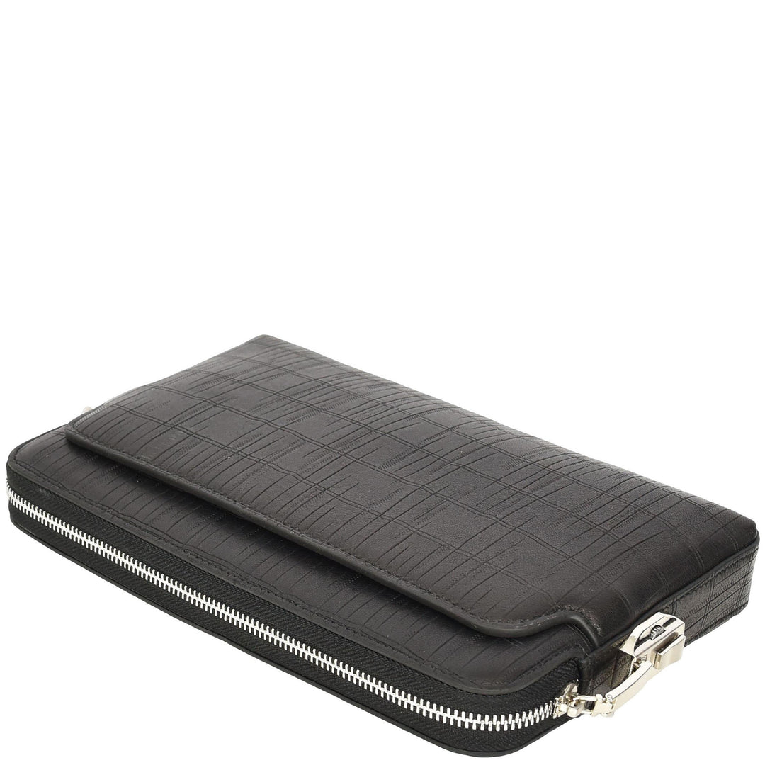 Wrist Bag Croc-Print Embossed Leather Clutch Organiser with Digit Lock HOL1049 Black
