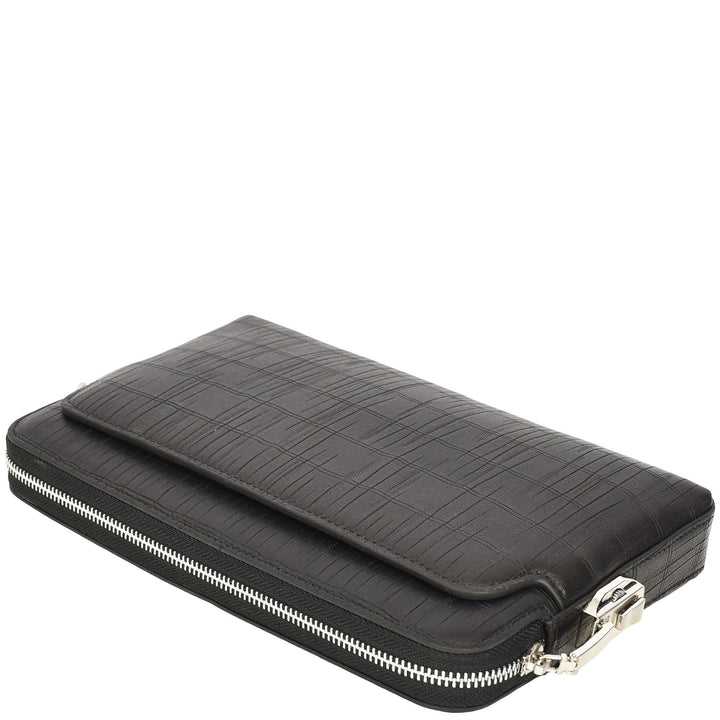 Wrist Bag Croc-Print Embossed Leather Clutch Organiser with Digit Lock HOL1049 Black