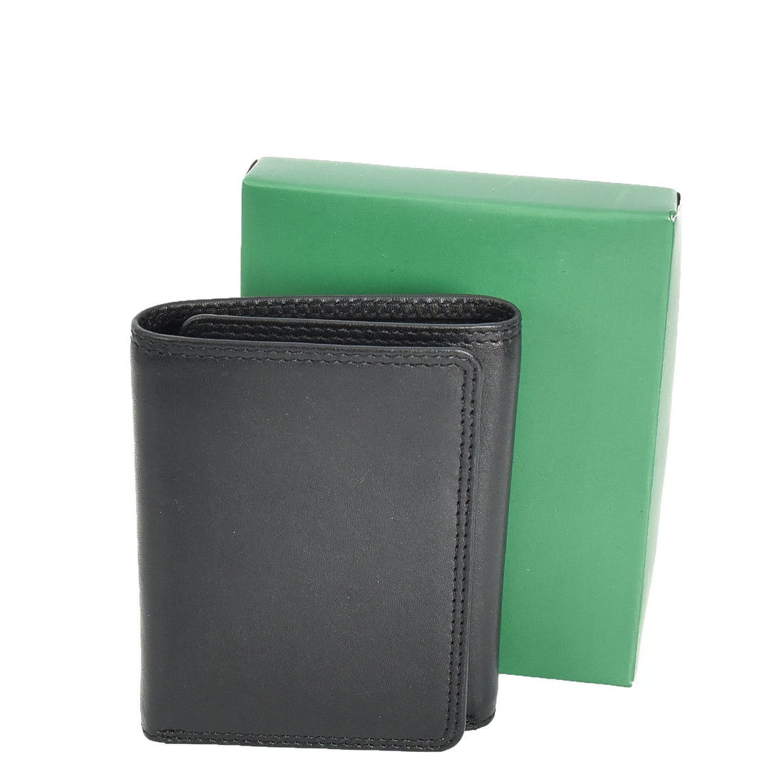 Mens Leather Tri-fold RFID Slim Wallet Banknotes Credit Cards ID Card Holder HOL181 Black