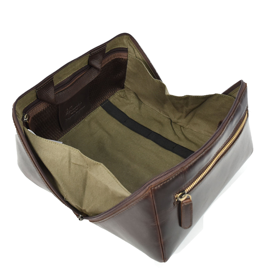 Mens Real Leather Toiletries Wash Shaving Bag Travel Pouch Tripper Brown