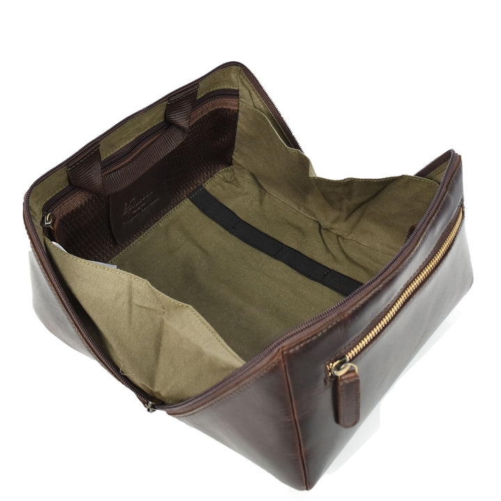 Mens Real Leather Toiletries Wash Shaving Bag Travel Pouch Tripper Brown