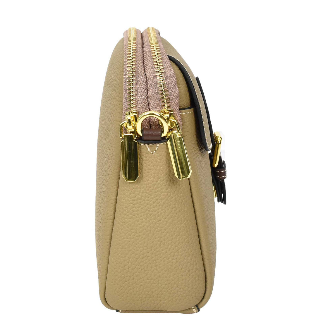 Women's Real Leather Cross Body Bag Small Size Sling Pouch Elizabeth Beige-4