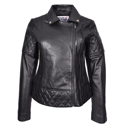 Women's Real Leather Jacket Multi Cross Zip Biker Style Fitted Quilted Nixi Black-4