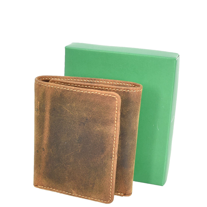 Mens Real Leather Tri-fold Wallet Credit Cards Banknotes ID Card RFID Blocking HOL700 Oil Tan