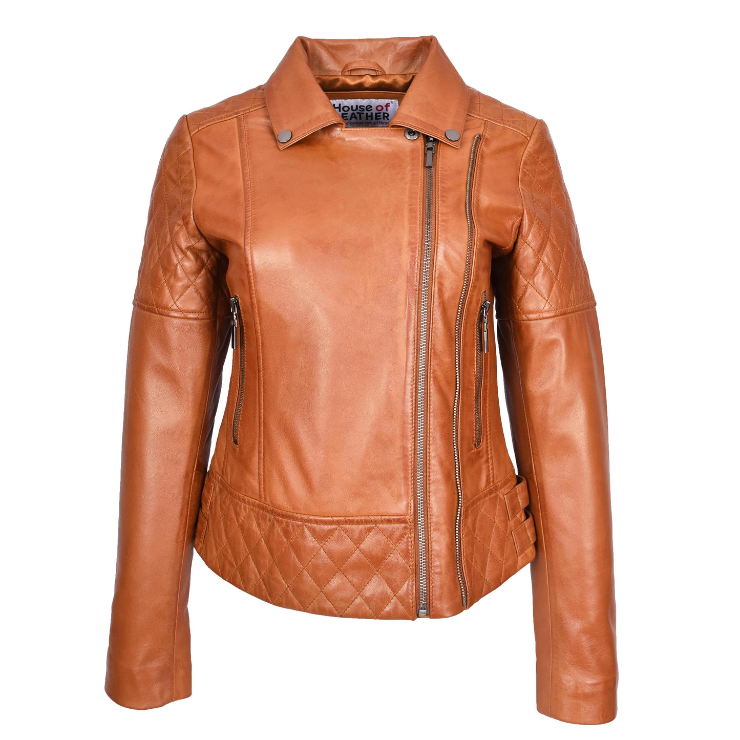 Women's Real Leather Jacket Multi Cross Zip Biker Style Fitted Quilted Nixi Tan-4