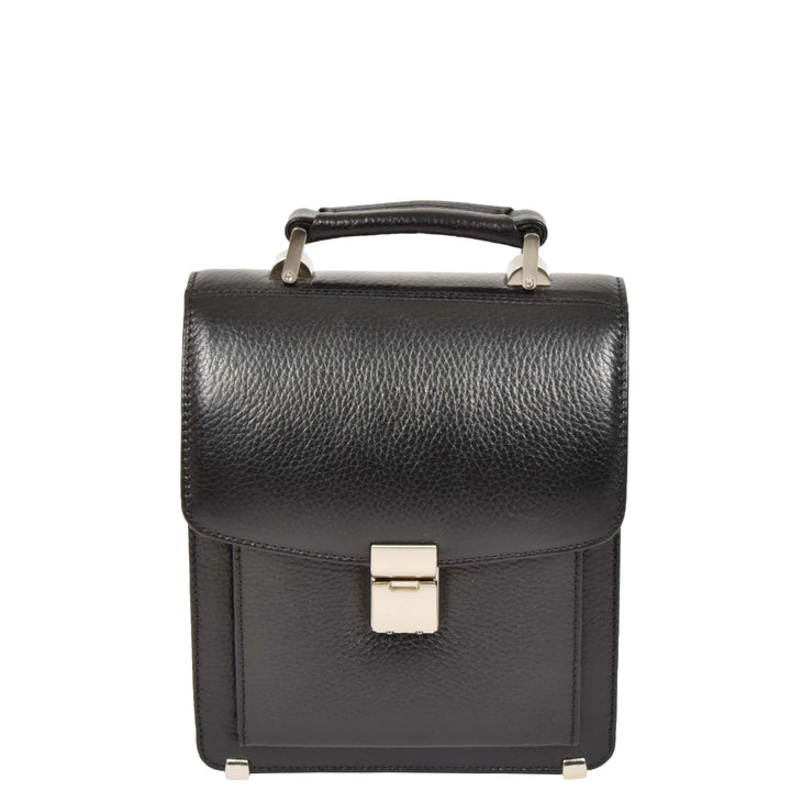 Mens Real Leather Briefcase Style Crossbody Flight Messenger Bag Drew Black-4