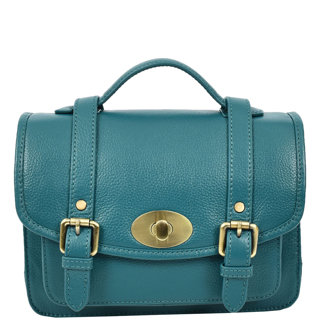 Vintage Style Womens Satchel Handbag Real Leather Crossbody Purse with Buckles Roxy Green