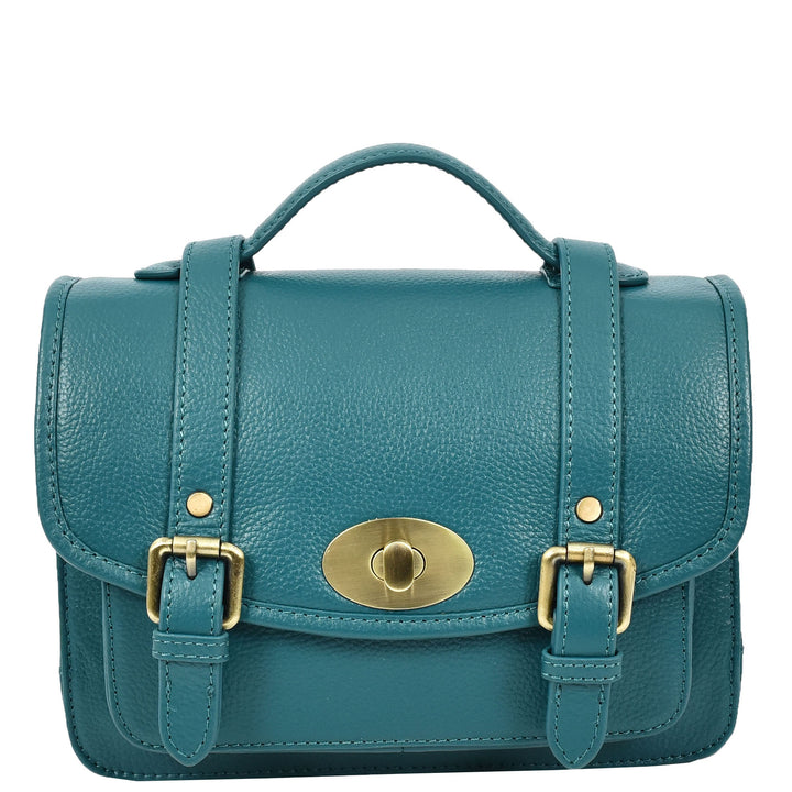 Vintage Style Womens Satchel Handbag Real Leather Crossbody Purse with Buckles Roxy Green