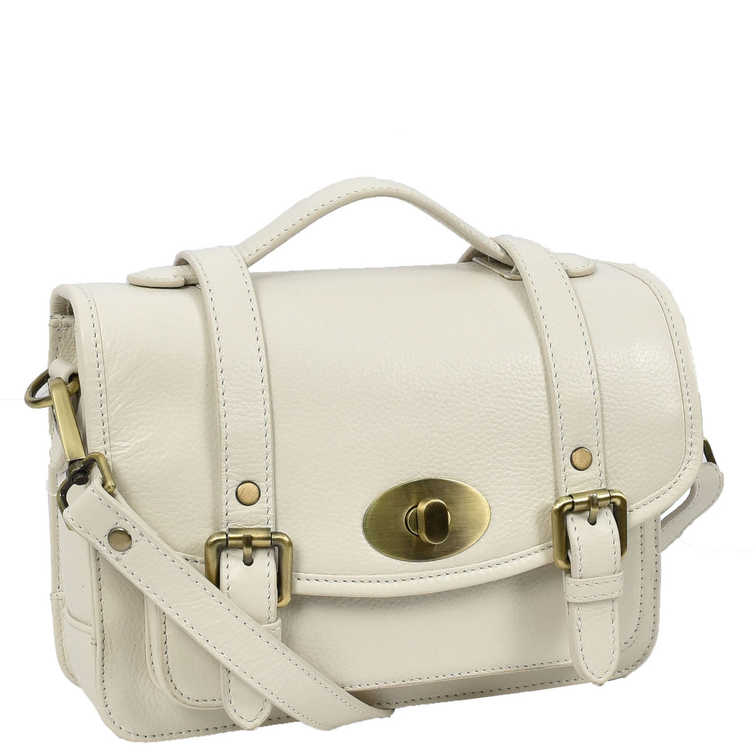 Vintage Style Womens Satchel Handbag Real Leather Crossbody Purse with Buckles Roxy White