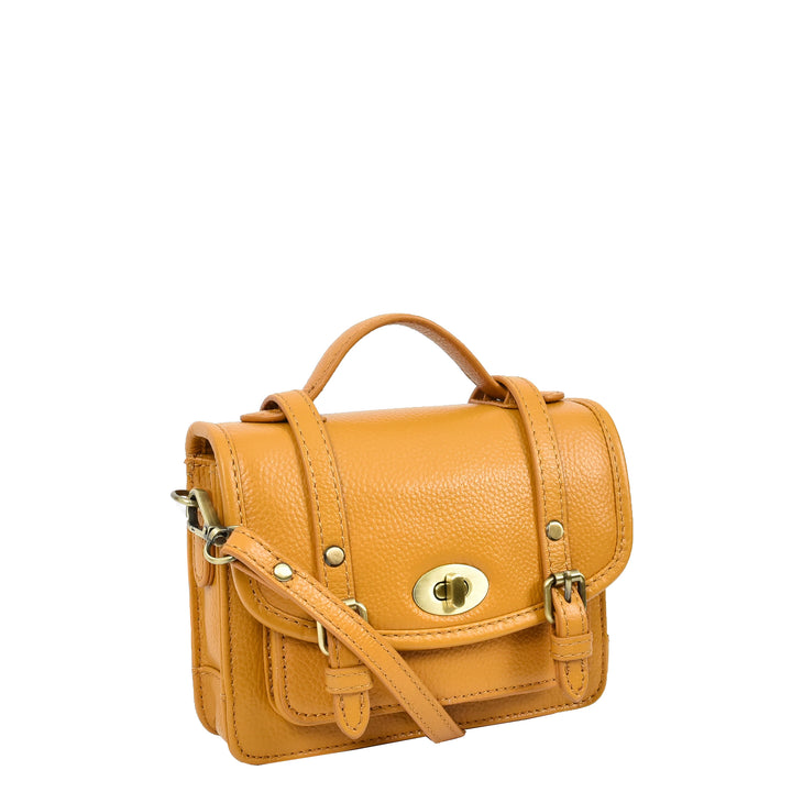 Womens Classic Mini Satchel Handbag Leather Crossbody Purse with Turn-Lock Closure Pipin Mustard