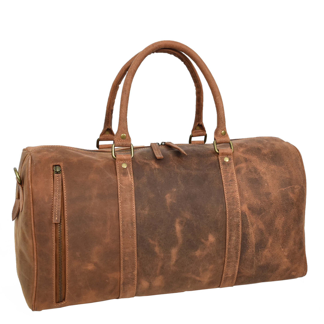 Real Leather Small Size Holdall Overnight Weekend Travel Duffle Bag Torin Tan-4