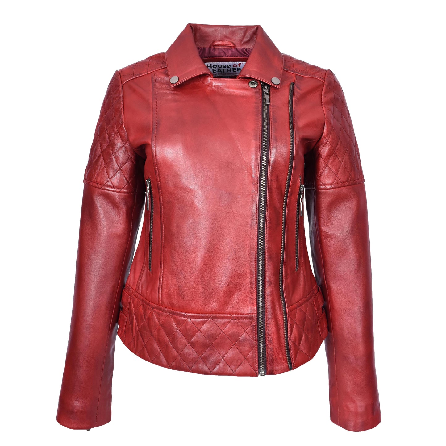 Women's Real Leather Jacket Multi Cross Zip Biker Style Fitted Quilted Nixi Burnish Red-4