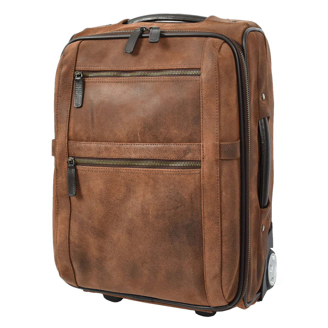 Genuine Leather Suitcase On Wheels Cabin Size Trolley Travel Bags Bourse Vintage Brown