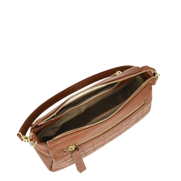 Womens Real Leather Shoulder Handbag Croc-Print Design Everyday Bag Edlyn Tan