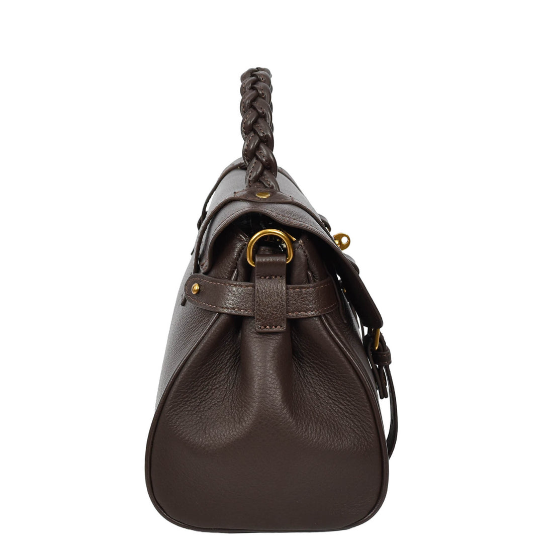 Womens Real Leather Handbag Classic Satchel Top-Handle Style Greta Brown-4