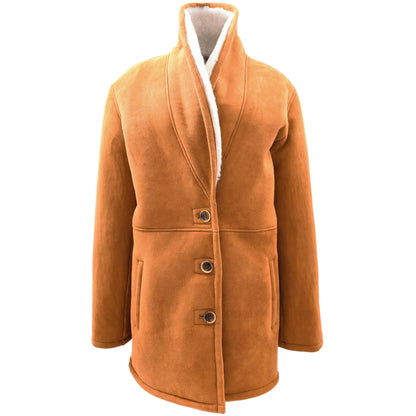 Womens Cognac Sheepskin Coat Mid Length White Merino Brenda 4