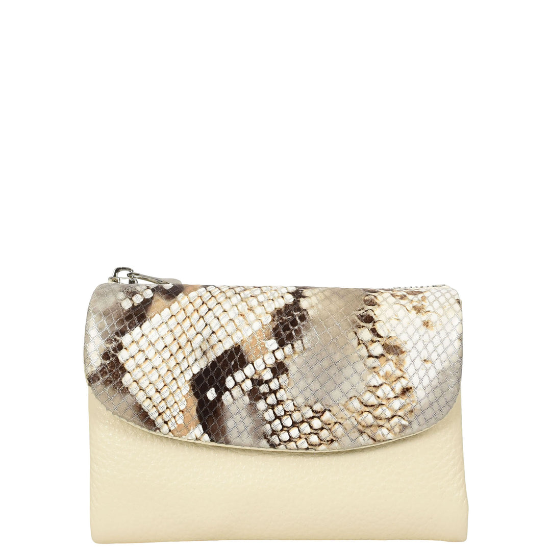 Womens Real Leather Purse Snake-Print Clutch Wallet HOL8833 Off White