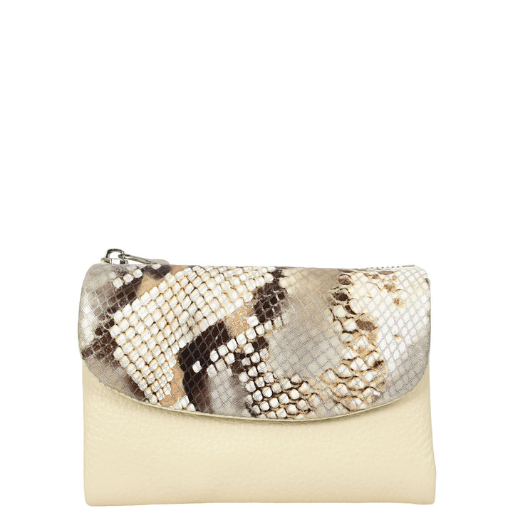 Womens Real Leather Purse Snake-Print Clutch Wallet HOL8833 Off White